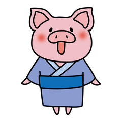 青い浴衣を着て空を見上げるぶた