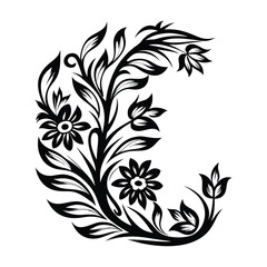 Ornamental Floral Design, Black and White, Curled Stems, Leaves and Flowers, Isolated