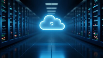 Data cloud storage and cybersecurity concept in server room with glowing secure icon for modern digital infrastructure