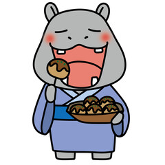 浴衣を着てたこ焼きを食べるカバ