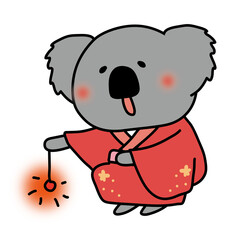 赤い浴衣を着て線香花火をするコアラ
