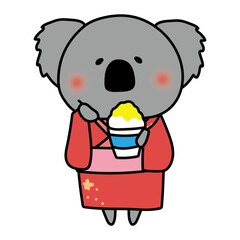 浴衣を着てかき氷を食べるコアラ