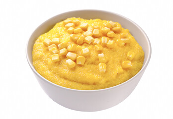 Cooked cornmeal polenta with butter in white ceramic bowl isolated on white.