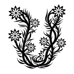 Floral Letter U Silhouette Design Black and White Flowers, NatureInspired Alphabet