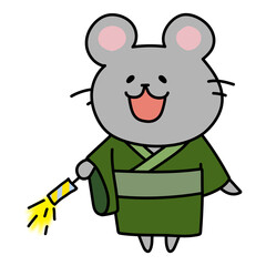 浴衣を着て手持ち花火をするネズミ