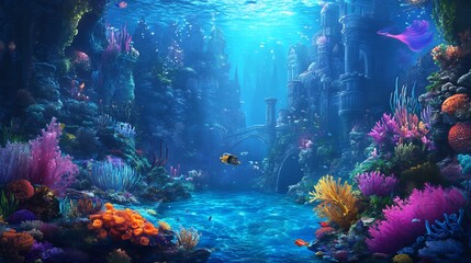 Naklejka premium Submerged Cityscape: Vibrant Coral Reef and Enchanting Underwater Architecture