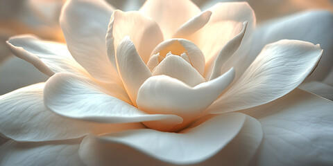 Close-up of a white camellia flower, Beautiful camellia bloom with soft lighting, Elegant white flower with delicate petals