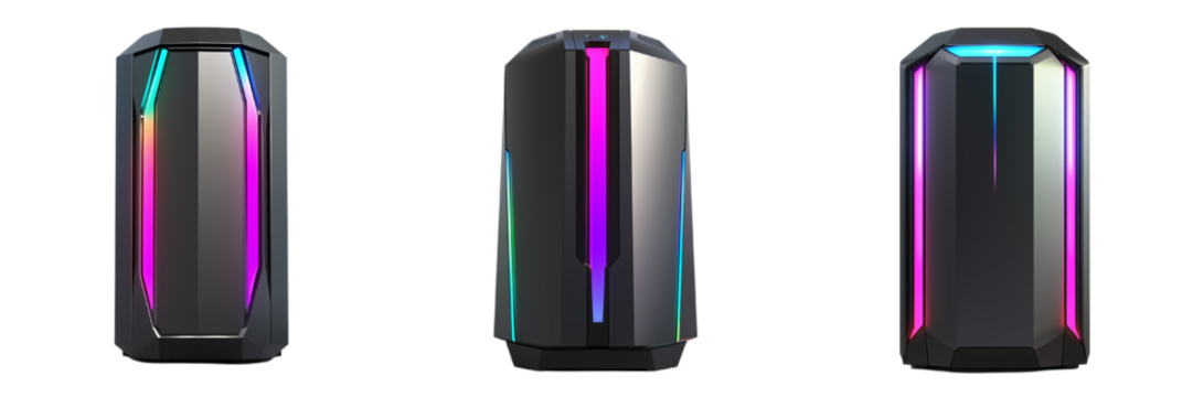 A set of top-tier gaming PCs with polished finishes and RGB lights for the ultimate gaming experience, isolated on a transparent background