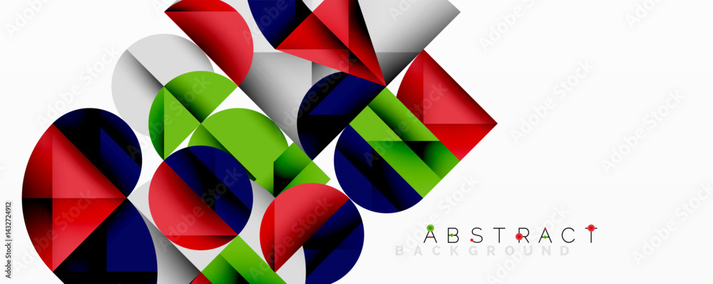 Fototapete Geometric shapes overlap, creating vibrant colorful composition. Circles, triangles, squares form dynamic abstract design. Modern visual element.