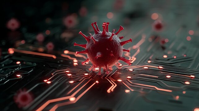 Glowing circuit board beneath 3D virus model symbolizing cybersecurity threats, digital infection risks, and the convergence of advanced biotech research with modern healthcare technology