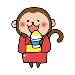 浴衣を着てかき氷を食べる猿