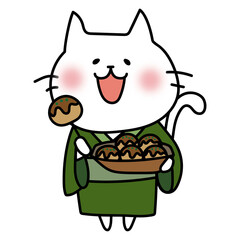 浴衣を着てたこ焼きを食べる白い猫