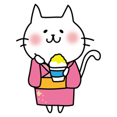 浴衣を着てかき氷を食べる白い猫