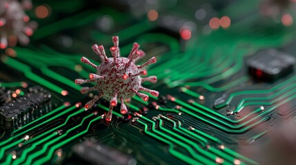Glowing circuit board beneath 3D virus model symbolizing cybersecurity threats, digital infection risks, and the convergence of advanced biotech research with modern healthcare technology