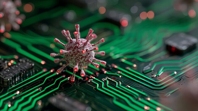 Glowing circuit board beneath 3D virus model symbolizing cybersecurity threats, digital infection risks, and the convergence of advanced biotech research with modern healthcare technology