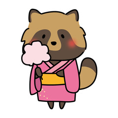 綿あめを持っている浴衣を着たタヌキ