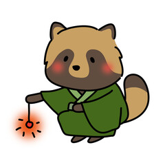 緑の浴衣を着て線香花火をするタヌキ