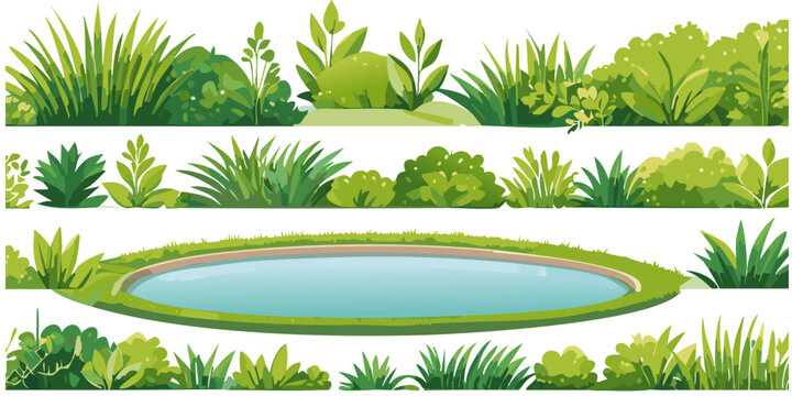 Set of green grass with pond in the spring vector graphic nature design