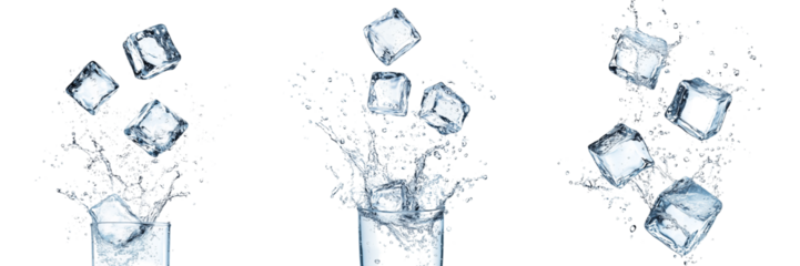 A set of three ice cubes splashing into water, with droplets captured in motion, isolated on a transparent background