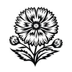 Decorative Floral Motif Intricate Black and White Flower with Stem and Buds