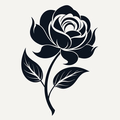 Elegant Rose Silhouette Isolated Dark Floral Design Element With Stem And Leaves