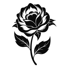 Black Rose Silhouette Elegant Flower with Stem and Leaves on White Backdrop Design