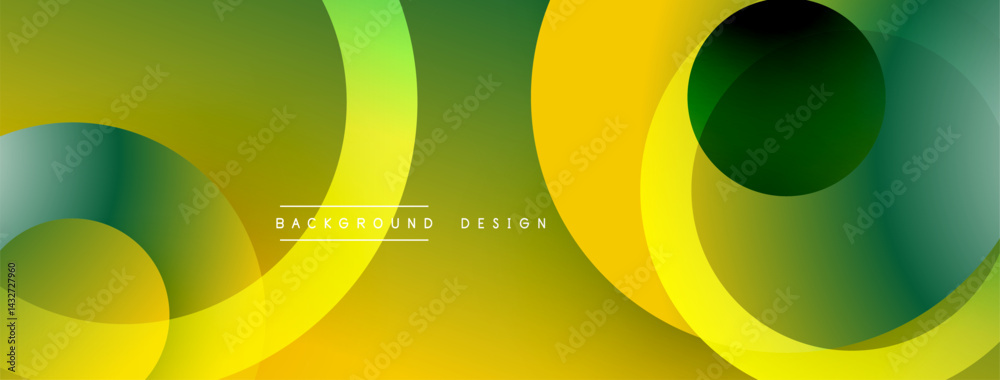 Poster Abstract design features overlapping circles. Gradient shades create dynamic visual effect. Yellows, greens dominate composition. Modern aesthetic.