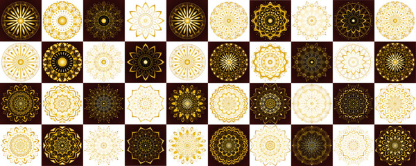 Fototapeta premium Mandala set with creative shape for greeting, card, brand, business, Halfon, packaging, wish, gift card, template, decoration | Abstract floral icon set with black-white background red stroke 40 shape