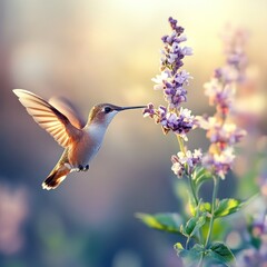 Naklejka premium Hummingbird feeding on flower in garden at sunset