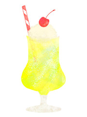 透明感のある水彩手描きのクリームソーダのイラスト  レモン　lemon soda