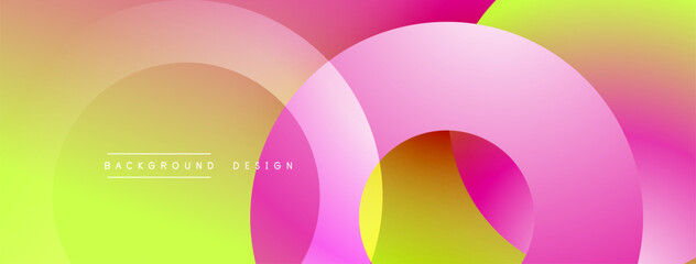 Abstract colorful circles overlap. Gradient shades create modern visual effect. Soft hues blend seamlessly, forming dynamic composition.