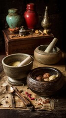 Ancient spice mortar and pestle setup