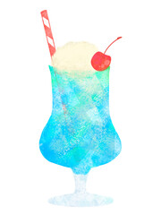 透明感のある水彩手描きのクリームソーダのイラスト 　ブルーハワイ　Blue Hawaii
