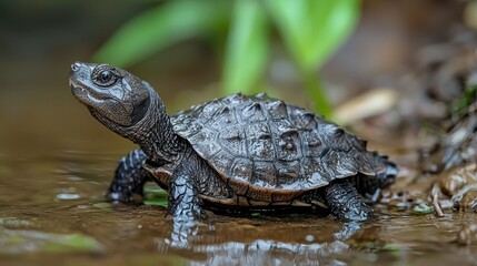 Fototapeta premium A baby alligator snapping turtle resting on a riverbank