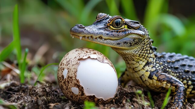 A baby alligator cracking its egg open with its tiny snout