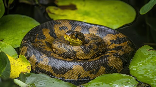 A baby anaconda coiled up next to its mother in the rainforest