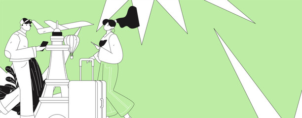 Holiday travel travel characters internet background vector hand drawn illustration
