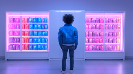 Person in Blue Jacket Standing Before Glowing Pink and Purple Product Displays