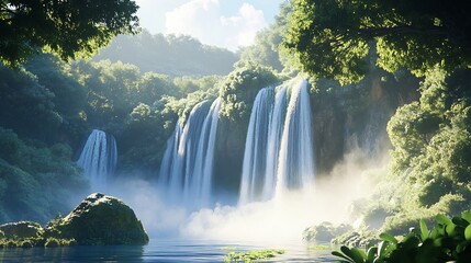 Fototapeta premium Serene Waterfall: Lush Greenery, Misty Cascades, Tranquil Scene