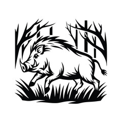 Obraz premium Monochrome Boar Running in Forest, Bushy Mane, Side View, Wild Animal, Black and White