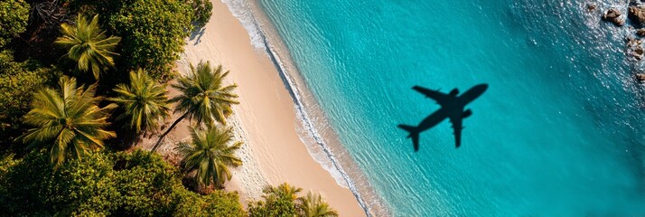 Tropical paradise with a plane's shadow