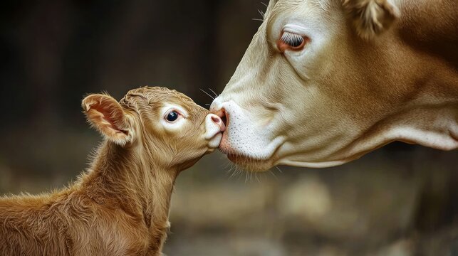 A baby cow licking its motherâ€™s face in a barn