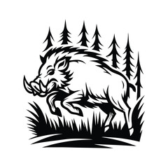 Aggressive Boar Jumping Through Grass In A Forest, Black And White Isolated Design