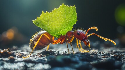 Fototapeta premium Ant carrying leaf, on ground, lit by sun, dark, blurred background