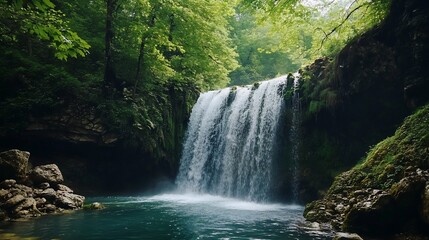 Fototapeta premium Serene Waterfall Cascading Through Lush Forest: A Tranquil Nature Scene