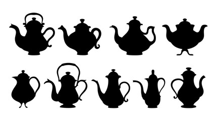 set of teapots silhouette vector on tranparent background