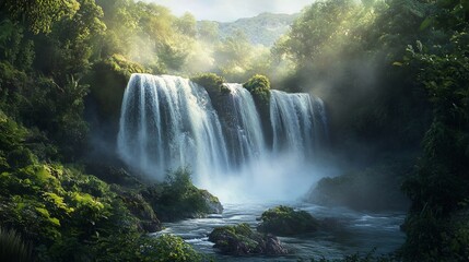 Fototapeta premium Serene Waterfall: Lush Tropical Paradise, Misty Sunlight, Dreamlike Art