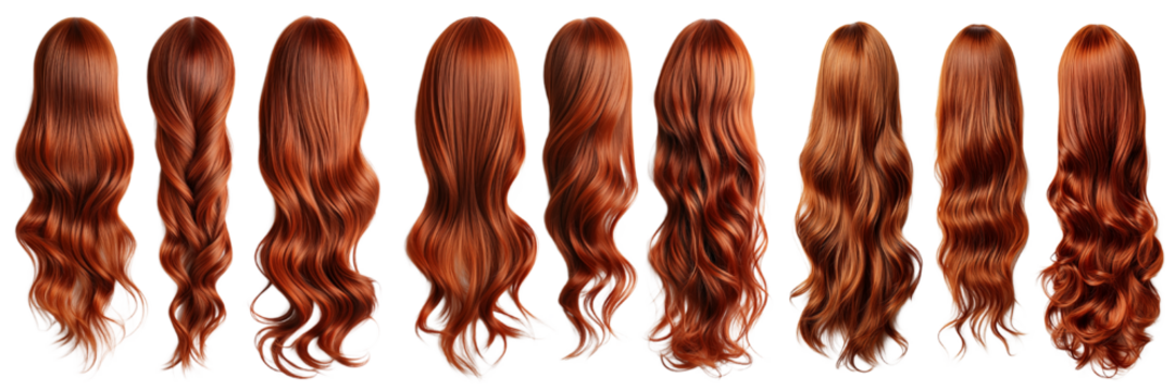 A set of three isolated cutouts of long red hair in straight, wavy, and curly styles, showcasing the versatility of red hair on a transparent background - Powered by Adobe