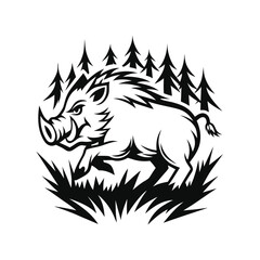 Wild Boar Running Silhouette amidst Fir Trees and Grass Patches in Black and White