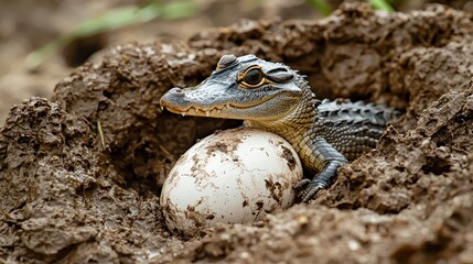 A baby crocodile hatching from an egg in a muddy nest